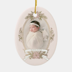 Feminine oval frame ribbon and holiday greenery  ceramic ornament