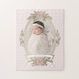 Feminine oval frame ribbon and holiday greenery jigsaw puzzle