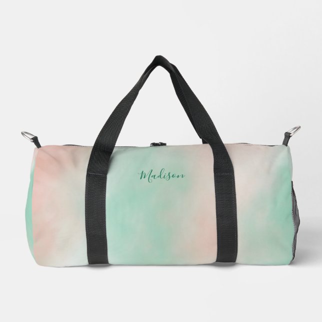 Feminine Pastel Pink Green Gradient Script Name Duffle Bag (Front)
