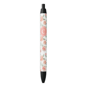 Feminine Peach Floral Pattern with Your Monogram Black Ink Pen