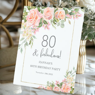 Feminine Peach Pink Rose Floral 80th Birthday Pedestal Sign