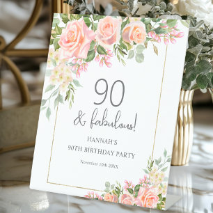 Feminine Peach Pink Rose Floral 90th Birthday  Pedestal Sign