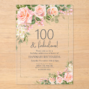 Feminine Peach Pink Roses Floral 100th Birthday Acrylic Invitations