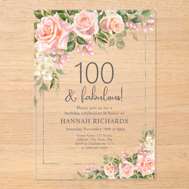 Feminine Peach | Pink Roses Floral 100th Birthday  Acrylic Invitations (Front)