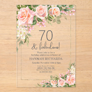 Feminine Peach   Pink Roses Floral 70th Birthday  Acrylic Invitations