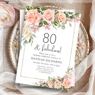 Feminine Peach   Pink Roses Floral 80th Birthday  Invitation