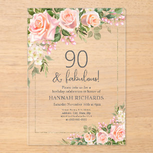 Feminine Peach   Pink Roses Floral 90th Birthday  Acrylic Invitations