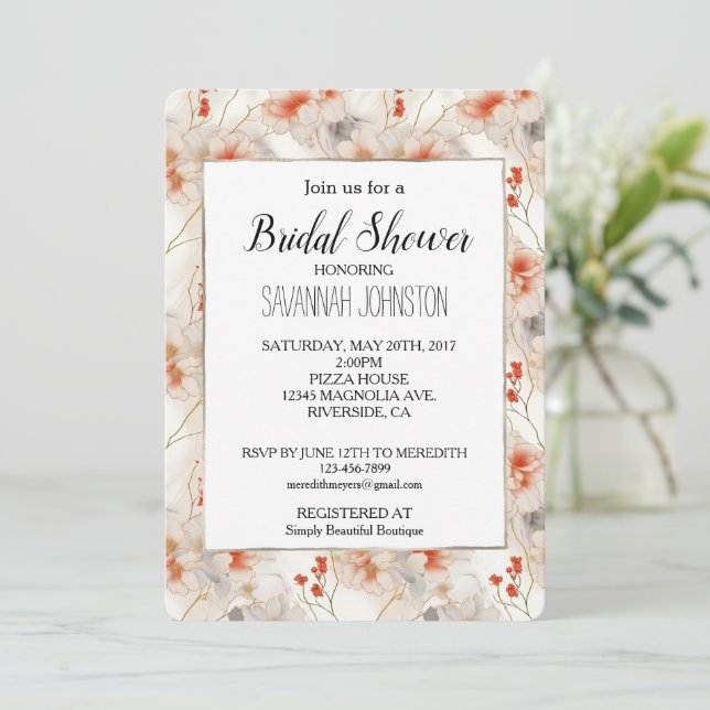 Feminine Peach Red White Floral Invitation (Standing Front)