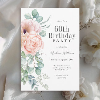 Feminine Pink and Beige Floral 60th Birthday Party Invitation