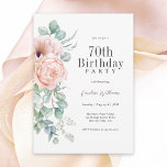 Feminine Pink and Beige Floral 70th Birthday Party Invitation<br><div class="desc">A beautifully feminine party invitation to celebrate a 70th birthday in elegant style, this charming watercolor floral design has pink and peach roses and poppies with lovely trailing eucalyptus greenery along the left border. All of the text may be personalized for your party, including the guest of honour's age. This...</div>