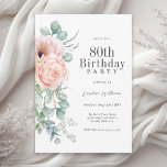 Feminine Pink and Beige Floral 80th Birthday Party Invitation<br><div class="desc">A beautifully feminine party invitation to celebrate a 80th birthday in elegant style, this charming watercolor floral design has pink and peach roses and poppies with lovely trailing eucalyptus greenery along the left border. All of the text may be personalized for your party, including the guest of honour's age. This...</div>
