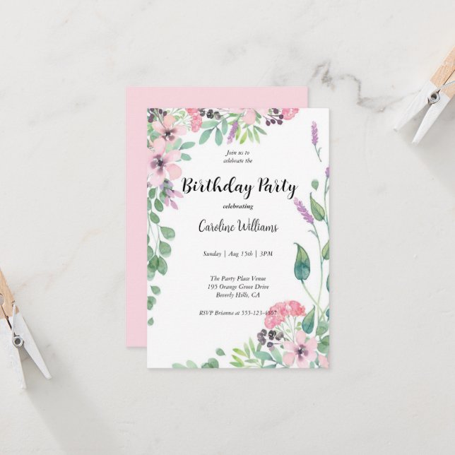 Feminine Pink and Beige Floral Birthday Party  Invitation (Front/Back In Situ)