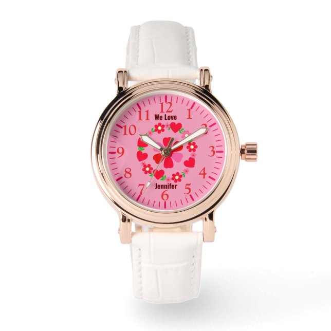 Feminine pink and red floral hearts, customizable  watch (Front)