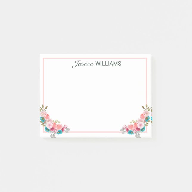 Feminine Pink Blue Rose Bouquet Watercolor  Post-it Notes (Front)
