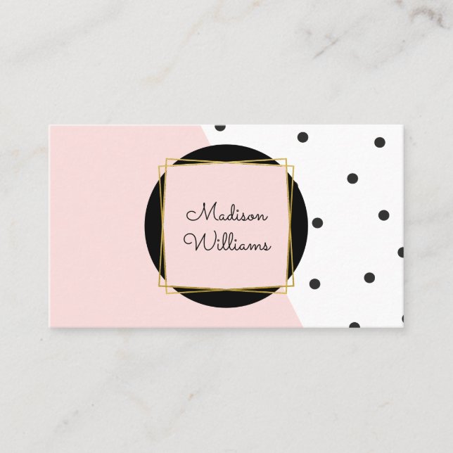 Feminine Pink Colour Block and Polka Dots Pattern Business Card (Front)