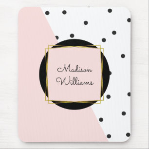 Feminine Pink Colour Block Polka Dots with Name Mouse Pad