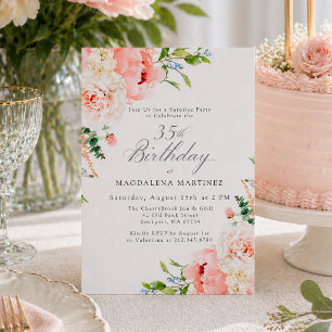 Feminine Pink Floral 35th Birthday Surprise Party Invitation