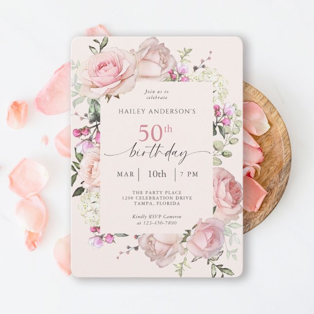 Feminine Pink Floral 50th Birthday Party Invitation (Available in both printed and paperless instant download formats.)