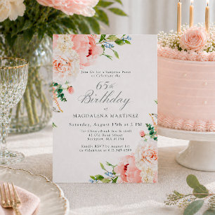 Feminine Pink Floral 65th Birthday Surprise Party Invitation