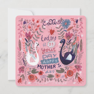 Feminine pink floral swan Mother's Day Card