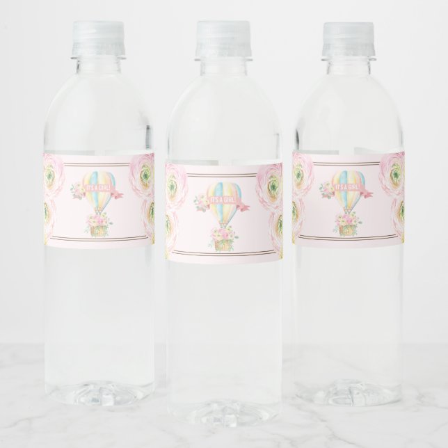 Feminine Pink Hot Air Balloon Floral Baby Girl Water Bottle Label (Bottles)