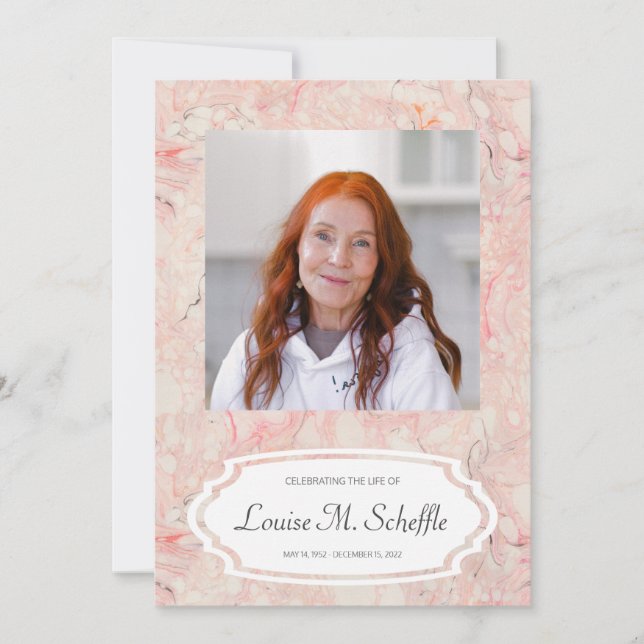 Feminine Pink Marble Celebration of Life Memorial Invitation (Front)