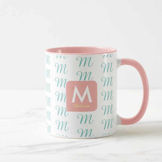 Feminine pink mug for her with pattern of initial (Right)