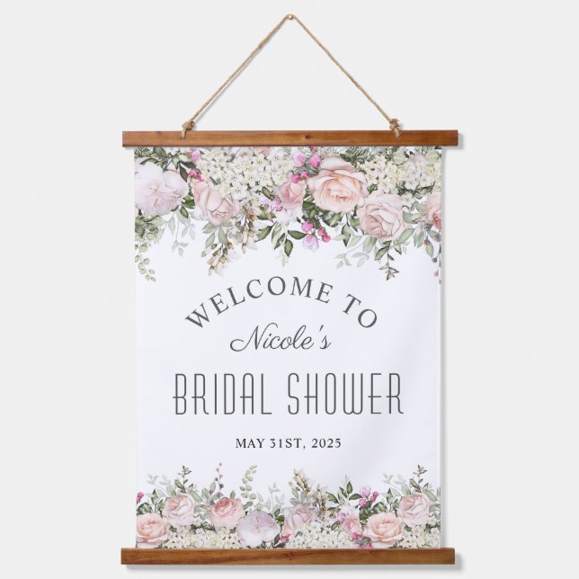 Feminine Pink Rose Floral Bridal Shower Welcome Hanging Tapestry (Front)