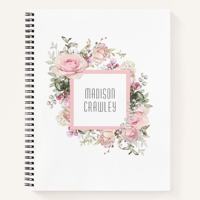Feminine Pink Rose Floral with Your Name Notebook (Front)