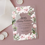 Feminine Pink Roses 80th Birthday Party Acrylic Invitations<br><div class="desc">Celebrate an 80th birthday in the most beautiful feminine style with this exquisite acrylic birthday party invitation in pink florals. Your event text is surrounded by a floral watercolor wreath of pastel pink roses and wispy greenery. All of the text can be personalized with your custom party text, including the...</div>