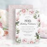 Feminine Pink Roses 80th Birthday Party Invitation<br><div class="desc">Celebrate an 80th birthday in the most beautiful feminine style with this exquisite birthday party invitation in pink florals. Your event text is surrounded by a floral watercolor wreath of pastel pink roses and wispy greenery. All of the text can be personalized with your custom party text, including the age....</div>