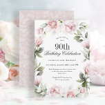 Feminine Pink Roses 90th Birthday Party Invitation<br><div class="desc">Celebrate a 90th birthday in the most beautiful feminine style with this exquisite birthday party invitation in pink florals. Your event text is surrounded by a floral watercolor wreath of pastel pink roses and wispy greenery. All of the text can be personalized with your custom party text, including the age....</div>