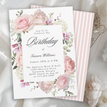Feminine Pink Roses Calligraphy Birthday Party