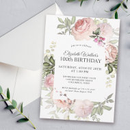 Feminine Pink Roses Floral 100th Birthday Party Invitation