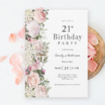 Feminine Pink Roses Floral 21st Birthday Party Invitation<br><div class="desc">A beautifully feminine party invitation to celebrate a 21st birthday in elegant style,  this irresistible floral design is bordered in charming pink roses,  mixed flowers and trailing greenery  All of the text may be personalized for your party information,  including the guest of honour's age.</div>