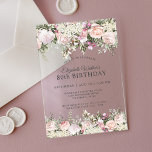 Feminine Pink Roses Floral 80th Birthday Party Acrylic Invitations<br><div class="desc">A beautifully feminine party invitation to celebrate an 80th birthday in elegant style, this Irresistible floral design is bordered in charming pink roses, mixed flowers and trailing greenery. All of the text may be personalized for your party, including the guest of honour's age. This beautiful acrylic invitation adds a modern...</div>