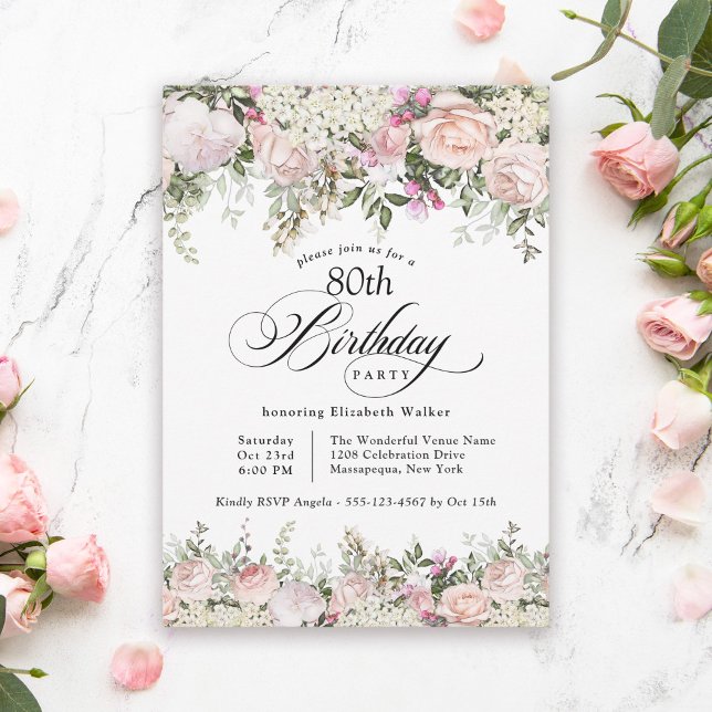 Feminine Pink Roses Floral 80th Birthday Party Invitation (Available in printed and instant download paperless formats.)
