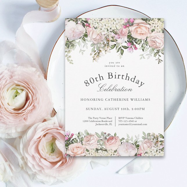 Feminine Pink Roses Floral 80th Birthday Party Invitation (Creator Uploaded)