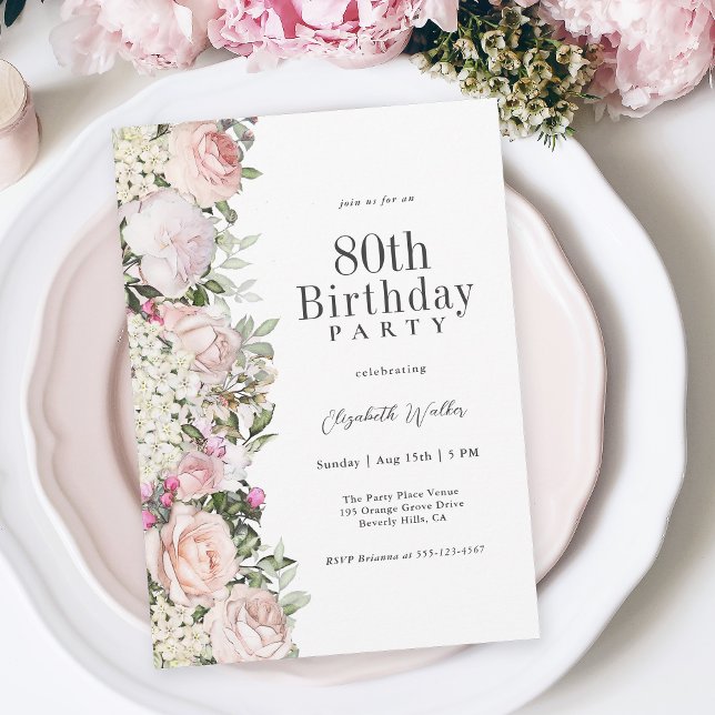 Feminine Pink Roses Floral 80th Birthday Party Invitation (Available as printed or paperless digital download!)