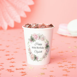 Feminine Pink Roses Floral 80th Birthday with Name Paper Cups