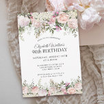 Feminine Pink Roses Floral 90th Birthday Party Invitation<br><div class="desc">A beautifully feminine party invitation to celebrate a 90th birthday in elegant style, this irresistible floral design is bordered in charming pink roses, mixed flowers and trailing greenery All of the text may be personalized for your party, including the guest of honour's age. This invitation is available as a printed...</div>