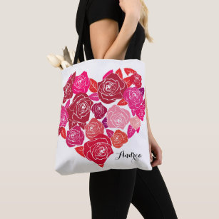 Feminine Pink Roses Heart Cluster Personalized Tote Bag