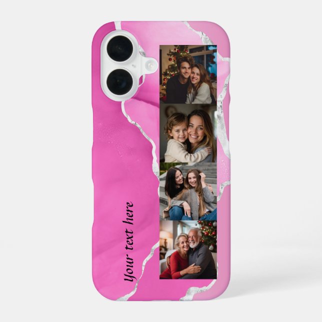Feminine Pink & Silver Glitter Agate 4 photos iPhone 16 Case (Back)