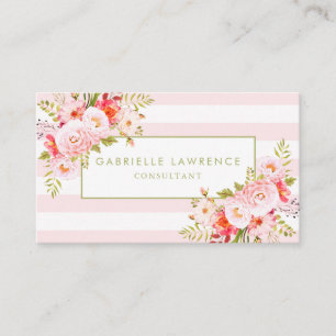 Feminine Pink Stripes and Peonies Business Card