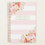 Feminine Pink Stripes and Peonies Custom Planner<br><div class="desc">Feminine and elegant planner illustrations of pink peonies, flowers and foliage. This pink botanical planner will be perfect as a personalized gift.</div>