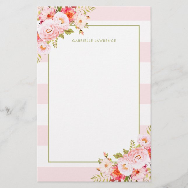 Feminine Pink Stripes and Peonies Stationery (Front)