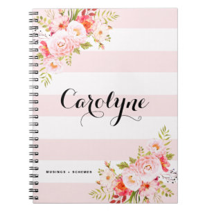 Feminine Pink Stripes Floral Personalized Notebook