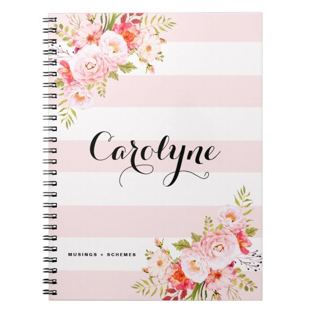 Feminine Pink Stripes Floral Personalized Notebook (Front)