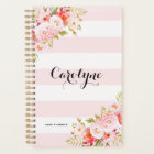 Feminine Pink Stripes Floral Personalized Planner