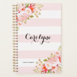 Feminine Pink Stripes Floral Personalized Planner<br><div class="desc">Feminine and elegant planner illustrations of pink peonies,  flowers and foliage. This pink botanical planner will be perfect as a personalized gift.</div>